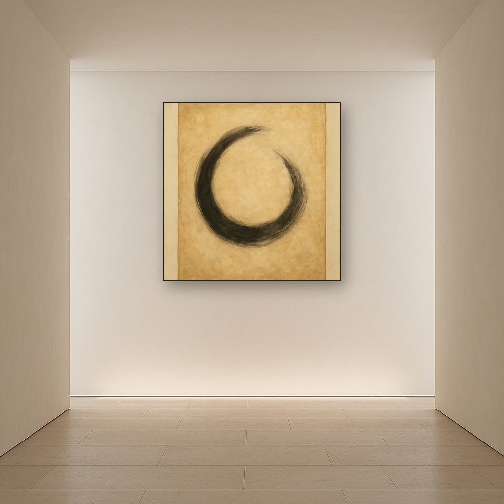 Aged Rice Paper & Charcoal Calligraphic Balance No. 14 Oil Painting Staged in Bright Entryway and Hallway Gallery Wall, Hand Painted Fine Art on Linen