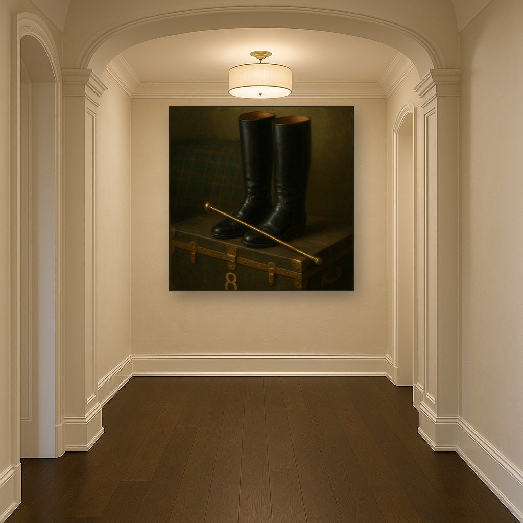 Vintage Riding Boots & Brass Crop on Trunk No. 8 Oil Painting - View 5