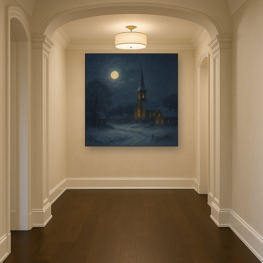 Moonlight Over Snowy Village Steeple No. 6 Oil Painting - View 5