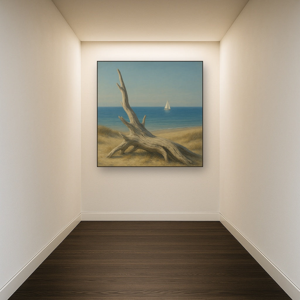 Sun-Bleached Driftwood & Distant Sailboat No. 9 Oil Painting Staged in Bright Entryway and Hallway Gallery Wall, Hand Painted Fine Art on Linen