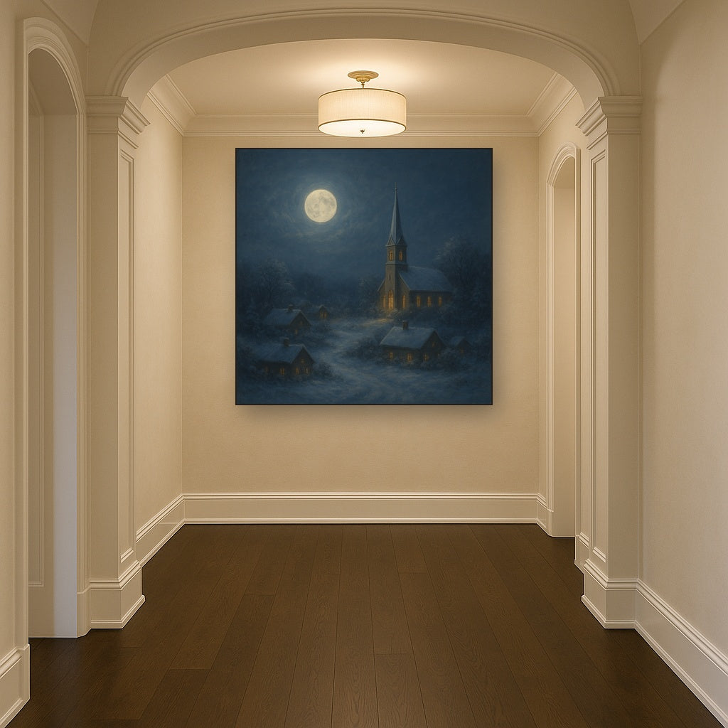 Moonlight Over Snowy Village Steeple No. 4 Oil Painting - View 5
