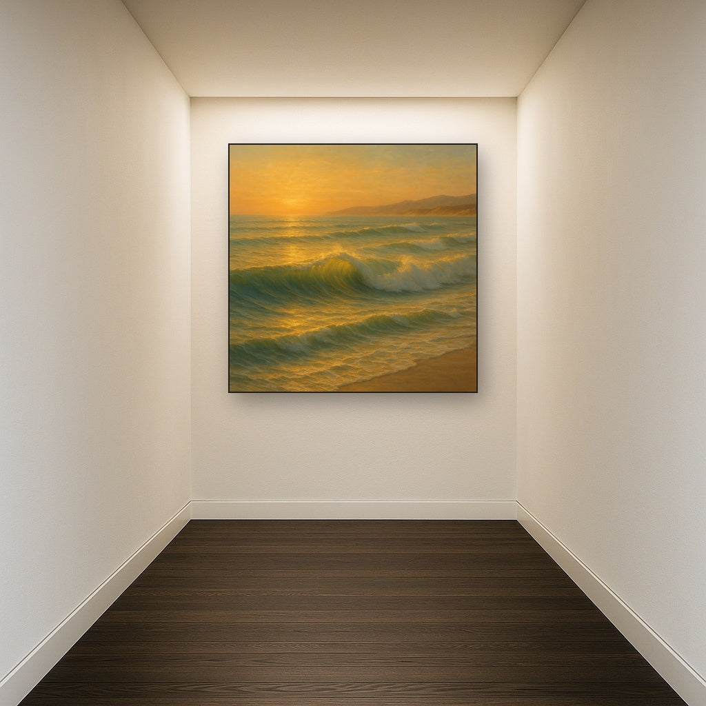 Golden Hour Sunlight on Ocean Swells No. 9 Oil Painting Staged in Bright Entryway and Hallway Gallery Wall, Hand Painted Fine Art on Linen