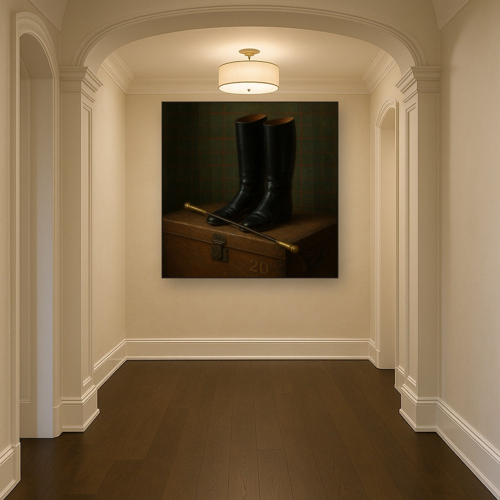 Vintage Riding Boots & Brass Crop on Trunk No. 20 Oil Painting - View 5