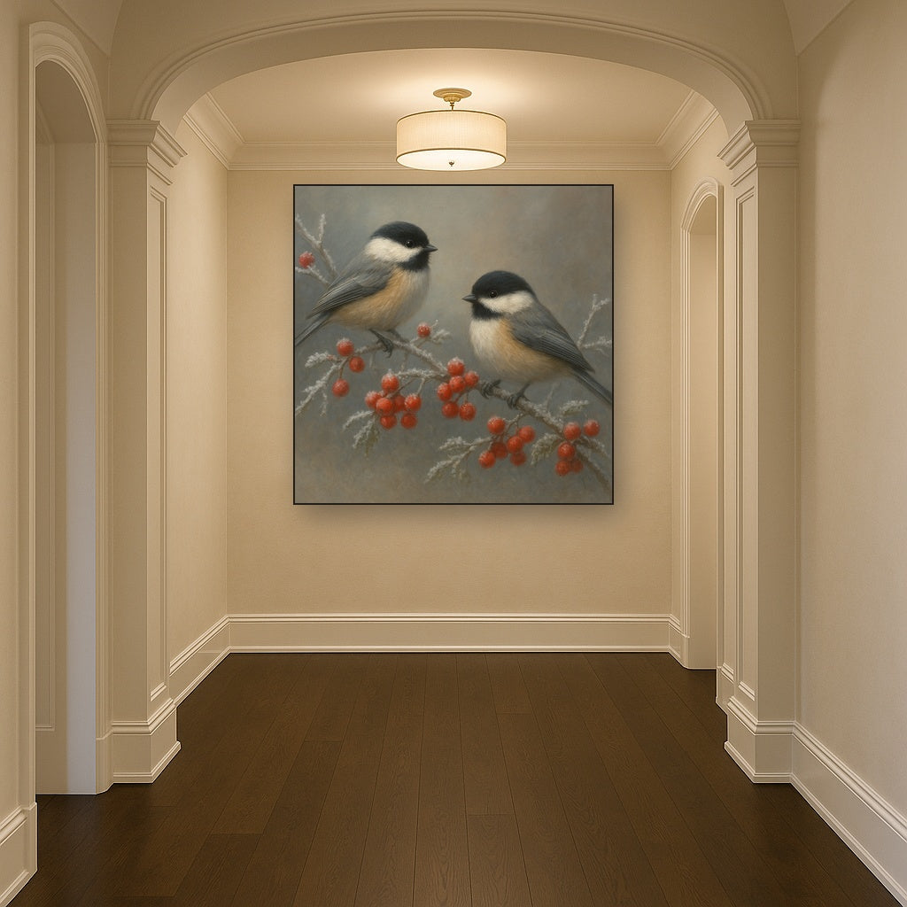 Winter Birds on Frosty Red Berry Branch No. 8 Oil Painting - View 5