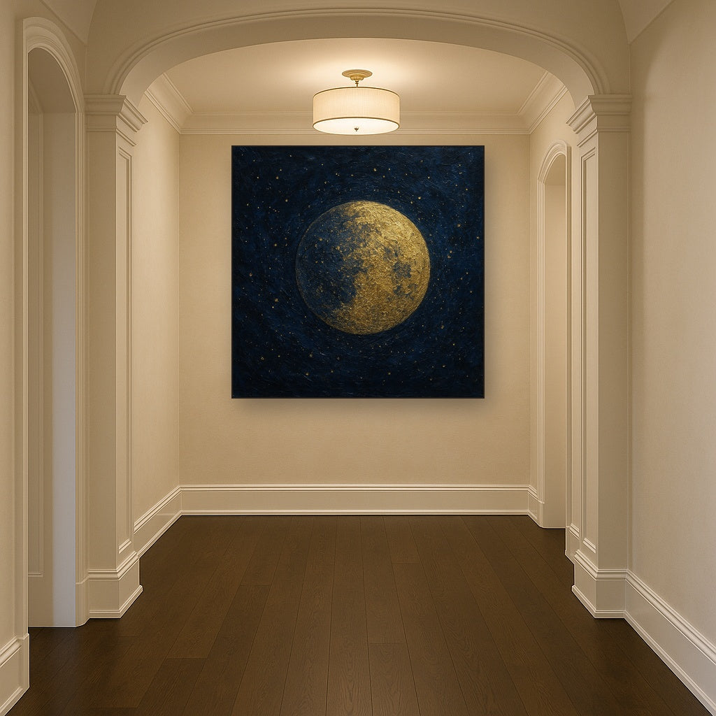 Midnight Celestial Gold Sphere Luxury Oil Painting - Styled in Entryway Hallway