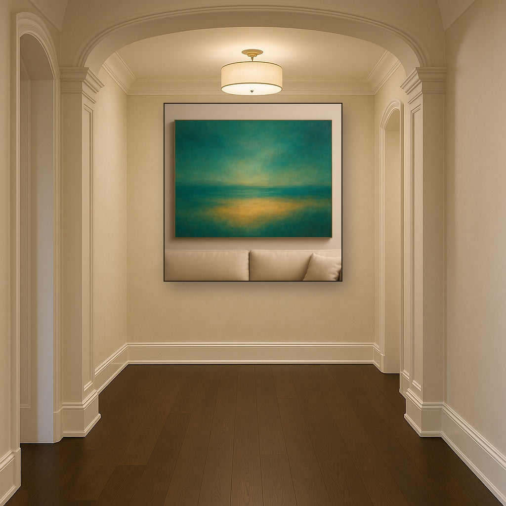 Peacock Teal & Champagne Gold Horizon No. 5 Oil Painting Staged in Bright Entryway and Hallway Gallery Wall, Hand Painted Fine Art on Linen