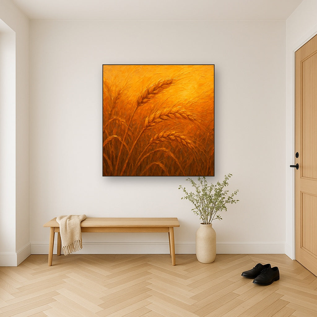 Golden Wheat Field Botanical Oil Painting - Styled in Entryway Hallway
