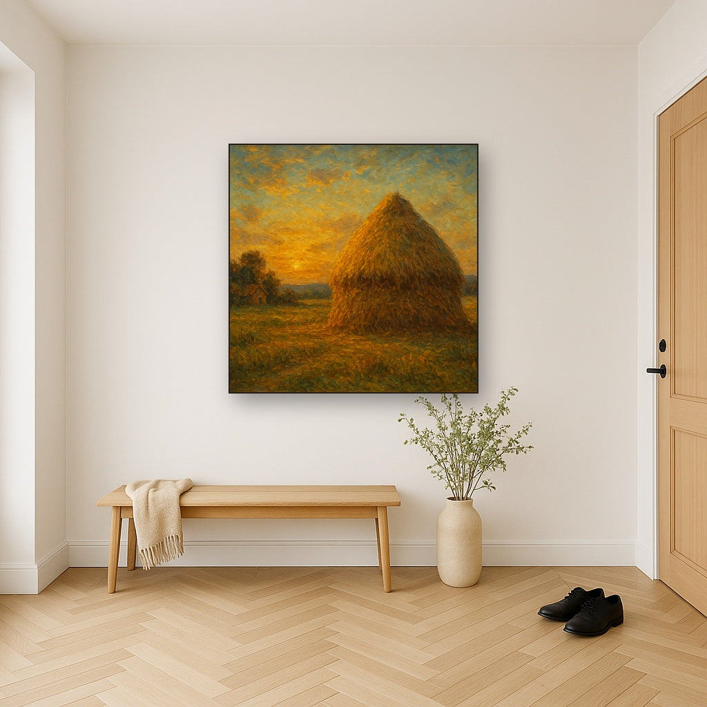 Rustic Countryside Haystack at Sunset No. 2 Oil Painting - Styled in Entryway Hallway
