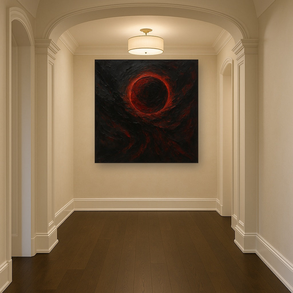 Midnight Onyx & Crimson Eclipse Oil Painting - Styled in Entryway Hallway