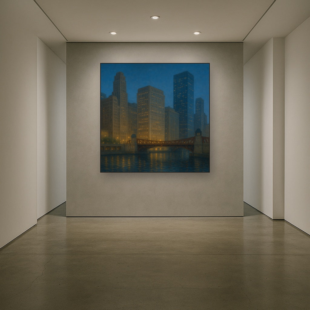 Chicago Riverfront Architecture at Blue Hour No. 20 Oil Painting - View 5