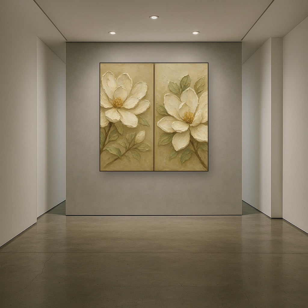 Sculptural Magnolia Diptych Blooms No. 2 Oil Painting - Styled in Entryway Hallway