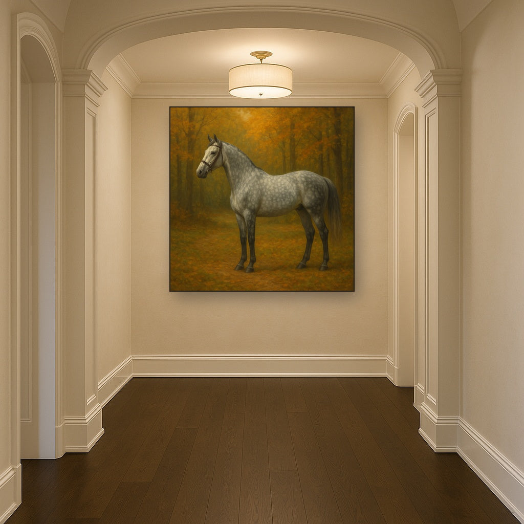 Dappled Grey Hunter in Autumn Woodland No. 20 Oil Painting Staged in Bright Entryway and Hallway Gallery Wall, Hand Painted Fine Art on Linen