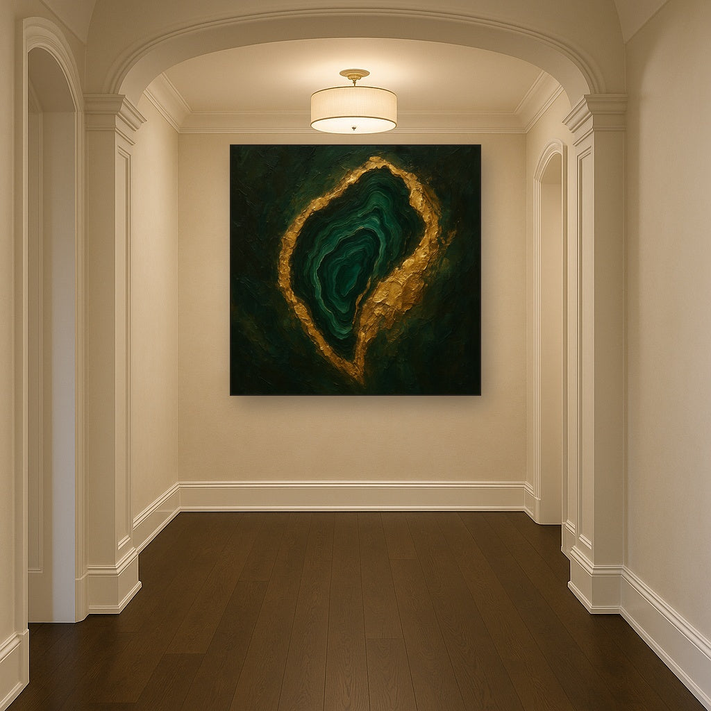 Forest Malachite & Gilded Geode Oil Painting - Styled in Entryway Hallway