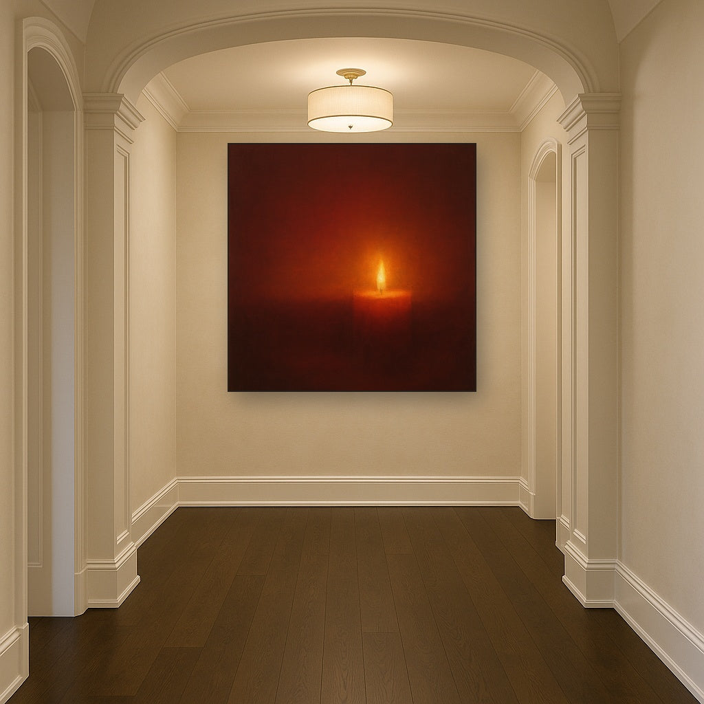 Deep Garnet & Amber Candlelight Horizon No. 16 Oil Painting Staged in Bright Entryway and Hallway Gallery Wall, Hand Painted Fine Art on Linen