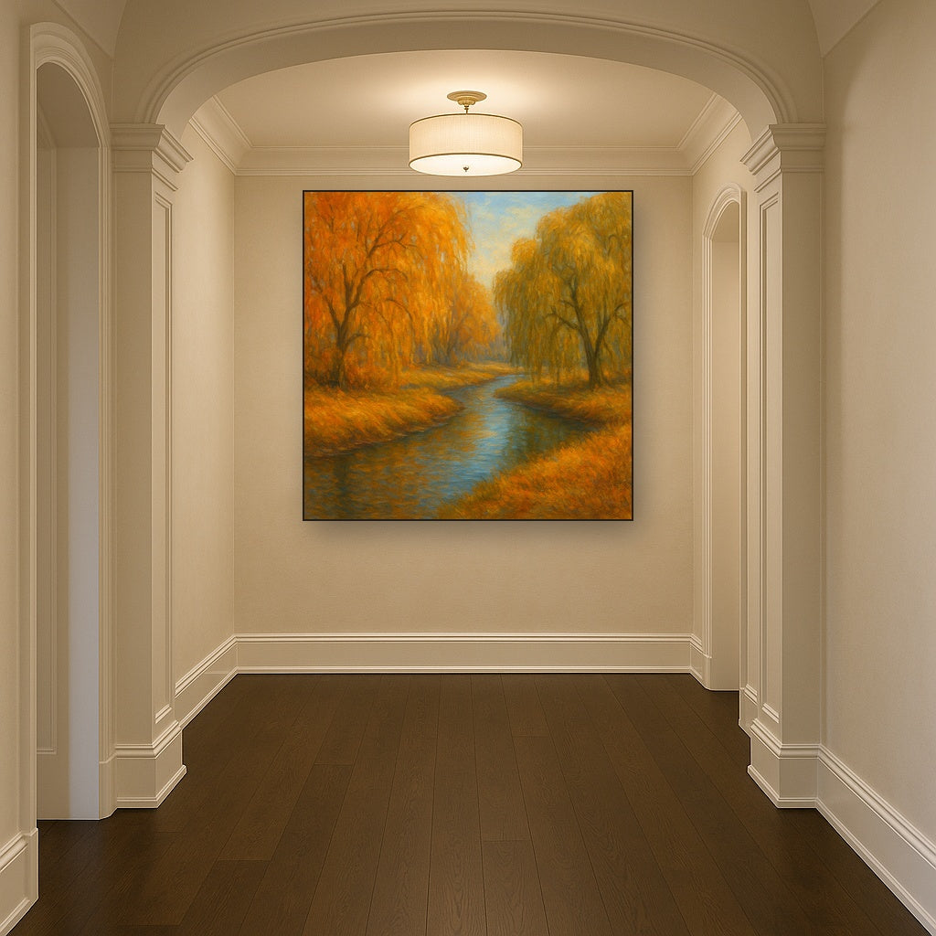 Tranquil River through Autumn Willow Woods Fine Art Oil Painting - View 5