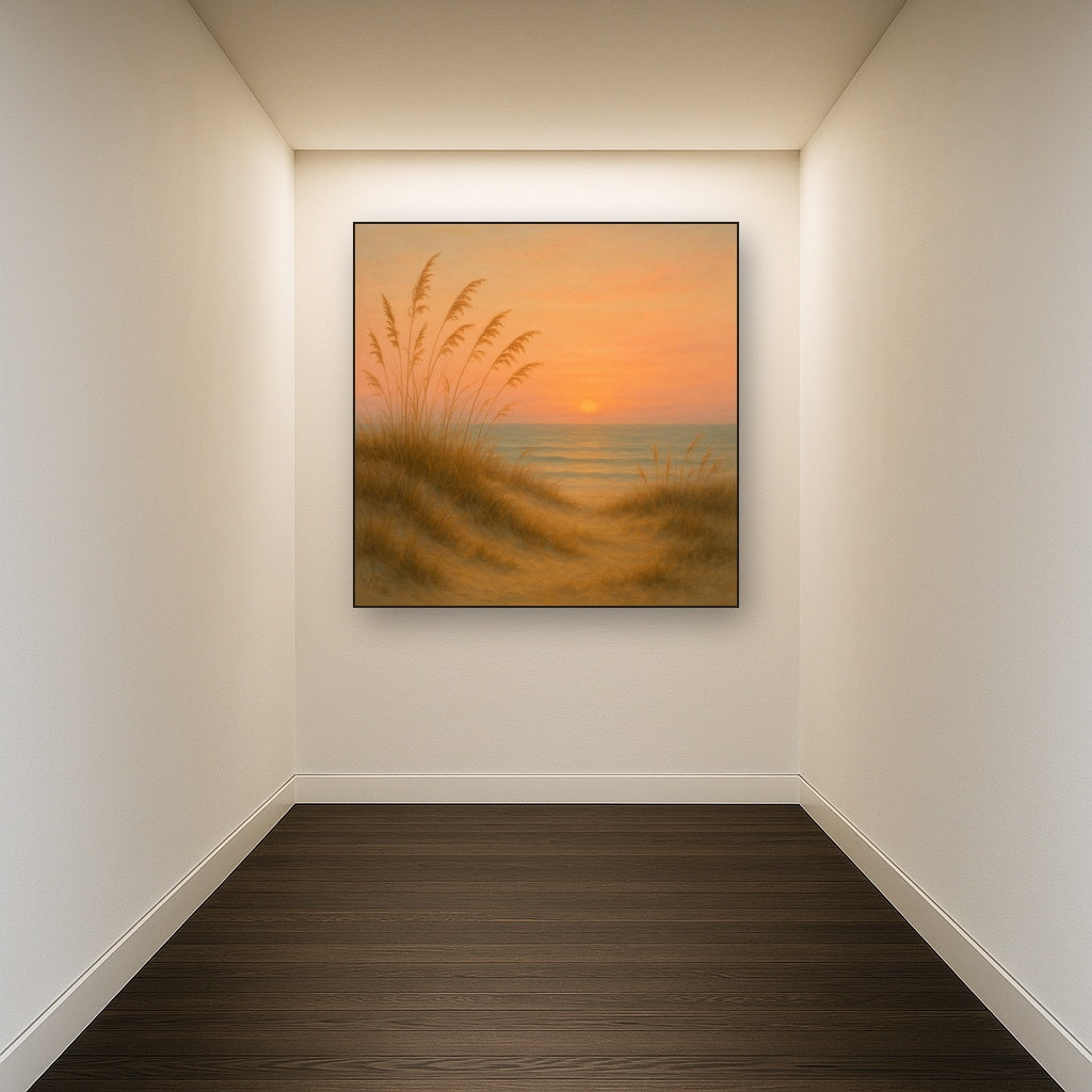 Sea Oats on Rolling Coastal Dunes at Sunset No. 13 Oil Painting Staged in Bright Entryway and Hallway Gallery Wall, Hand Painted Fine Art on Linen