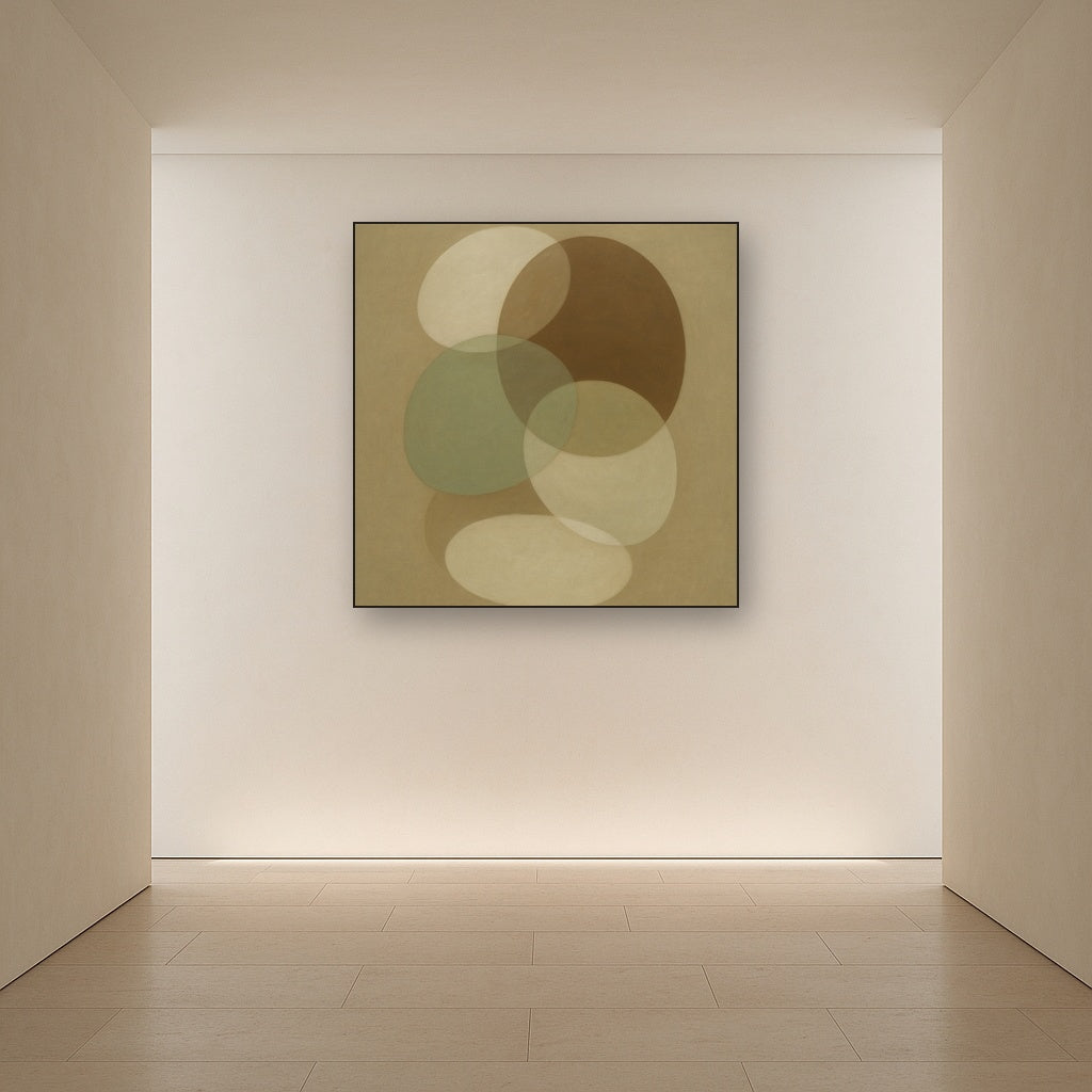Floating Ellipse Harmony in Walnut & Pale Sage No. 24 Oil Painting Staged in Bright Entryway and Hallway Gallery Wall, Hand Painted Fine Art on Linen