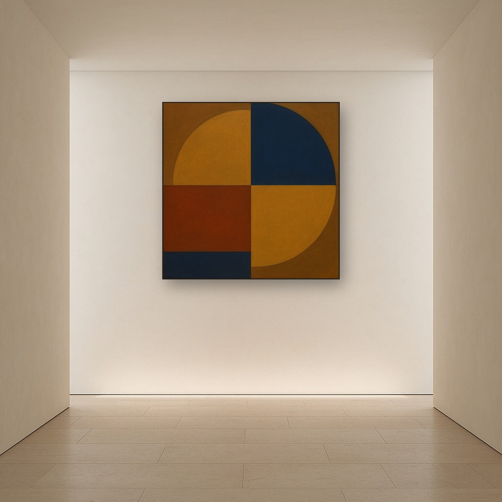 Bauhaus Quadrant Harmony in Primary Earth Tones No. 17 Oil Painting Staged in Bright Entryway and Hallway Gallery Wall, Hand Painted Fine Art on Linen