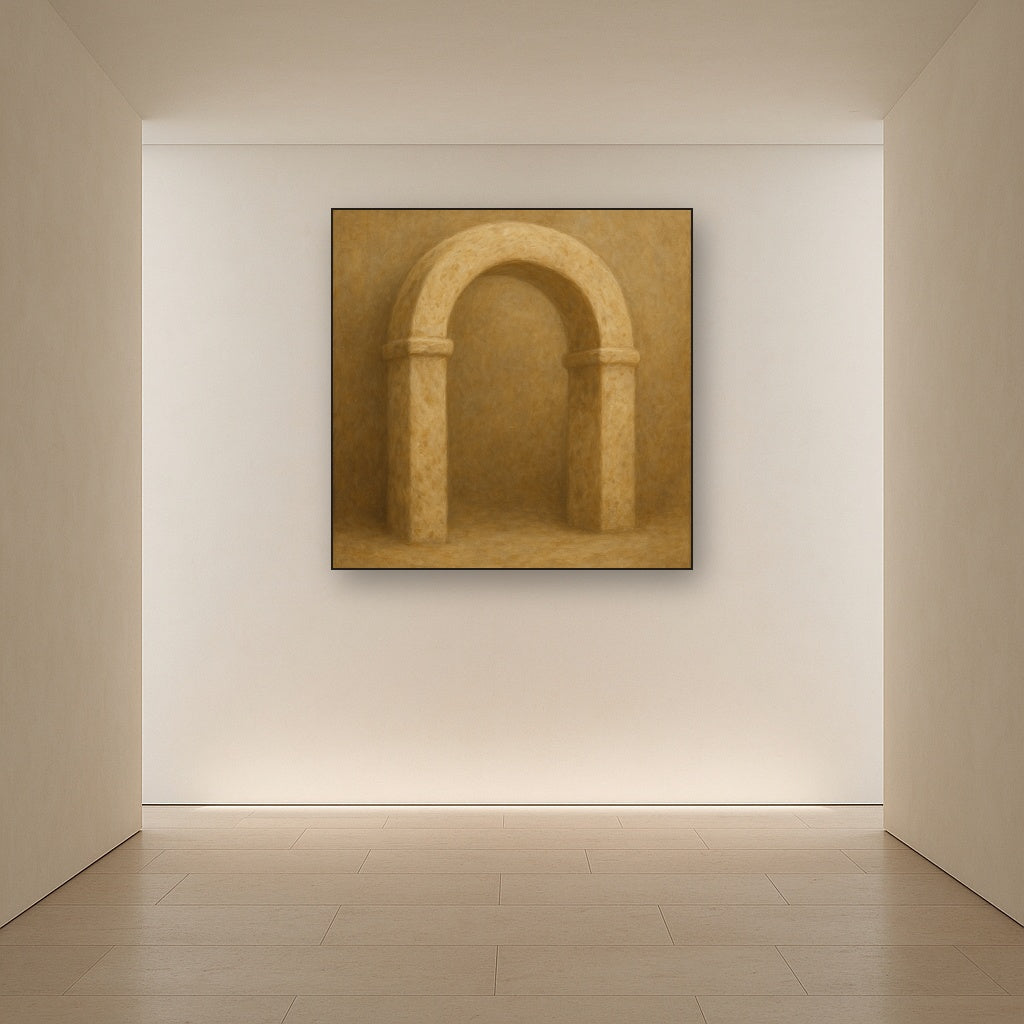 Travertine Stone Arch & Earth Tones No. 11 Oil Painting Staged in Bright Entryway and Hallway Gallery Wall, Hand Painted Fine Art on Linen