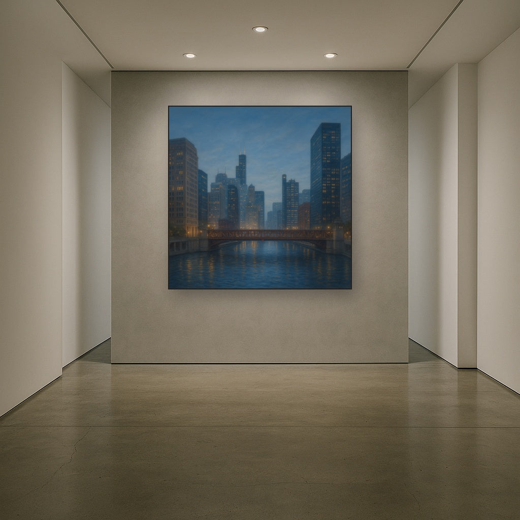 Chicago Riverfront Architecture at Blue Hour No. 5 Oil Painting - View 5