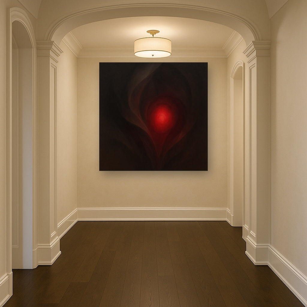 Smoky Ruby & Warm Obsidian Veils No. 15 Oil Painting Staged in Bright Entryway and Hallway Gallery Wall, Hand Painted Fine Art on Linen