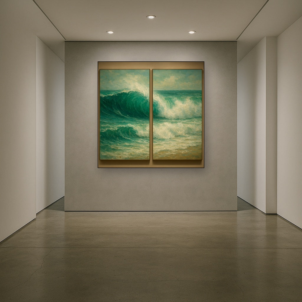 Emerald Swell Split-Panel Seascape No. 2 Oil Painting - Styled in Entryway Hallway