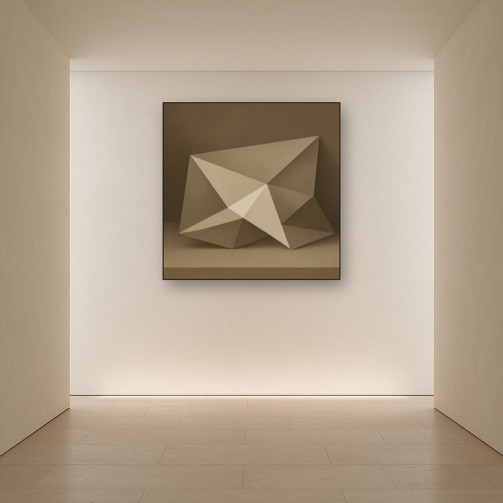 Folded Paper Geometry in Neutral Gradient Shadows No. 24 Oil Painting Staged in Bright Entryway and Hallway Gallery Wall, Hand Painted Fine Art on Linen