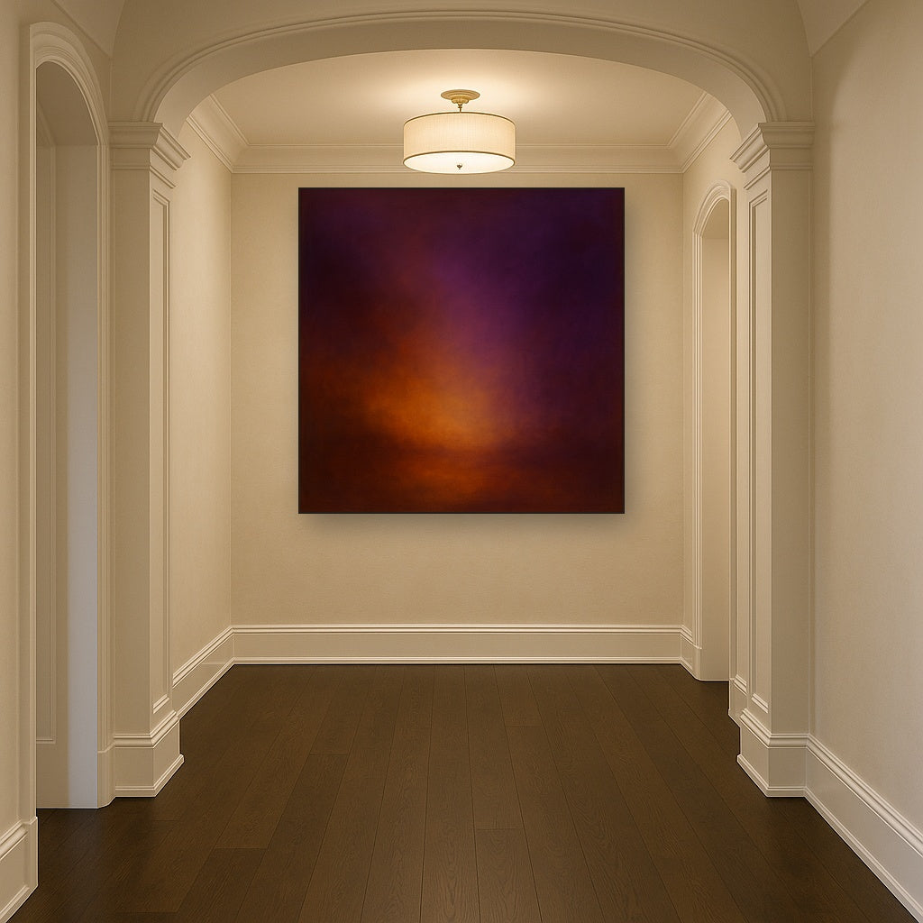 Burnt Amber & Velvet Amethyst Atmosphere No. 12 Oil Painting Staged in Bright Entryway and Hallway Gallery Wall, Hand Painted Fine Art on Linen