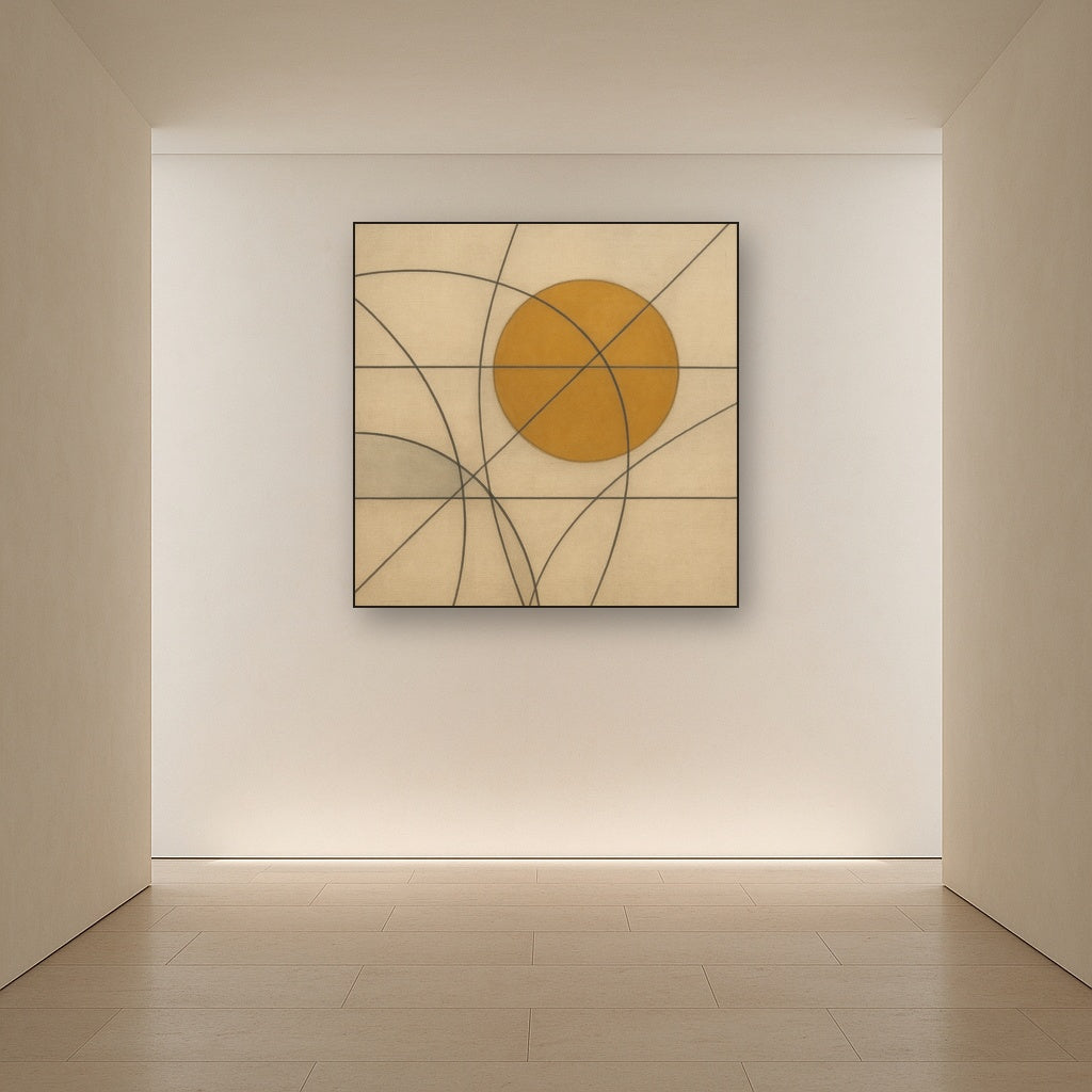 Abstract Tangent Lines & Earthy Ochre Disc No. 16 Oil Painting - View 5