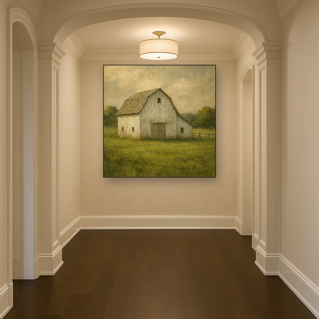 Weathered White Barn & Pasture No. 5 Oil Painting - Styled in Entryway Hallway