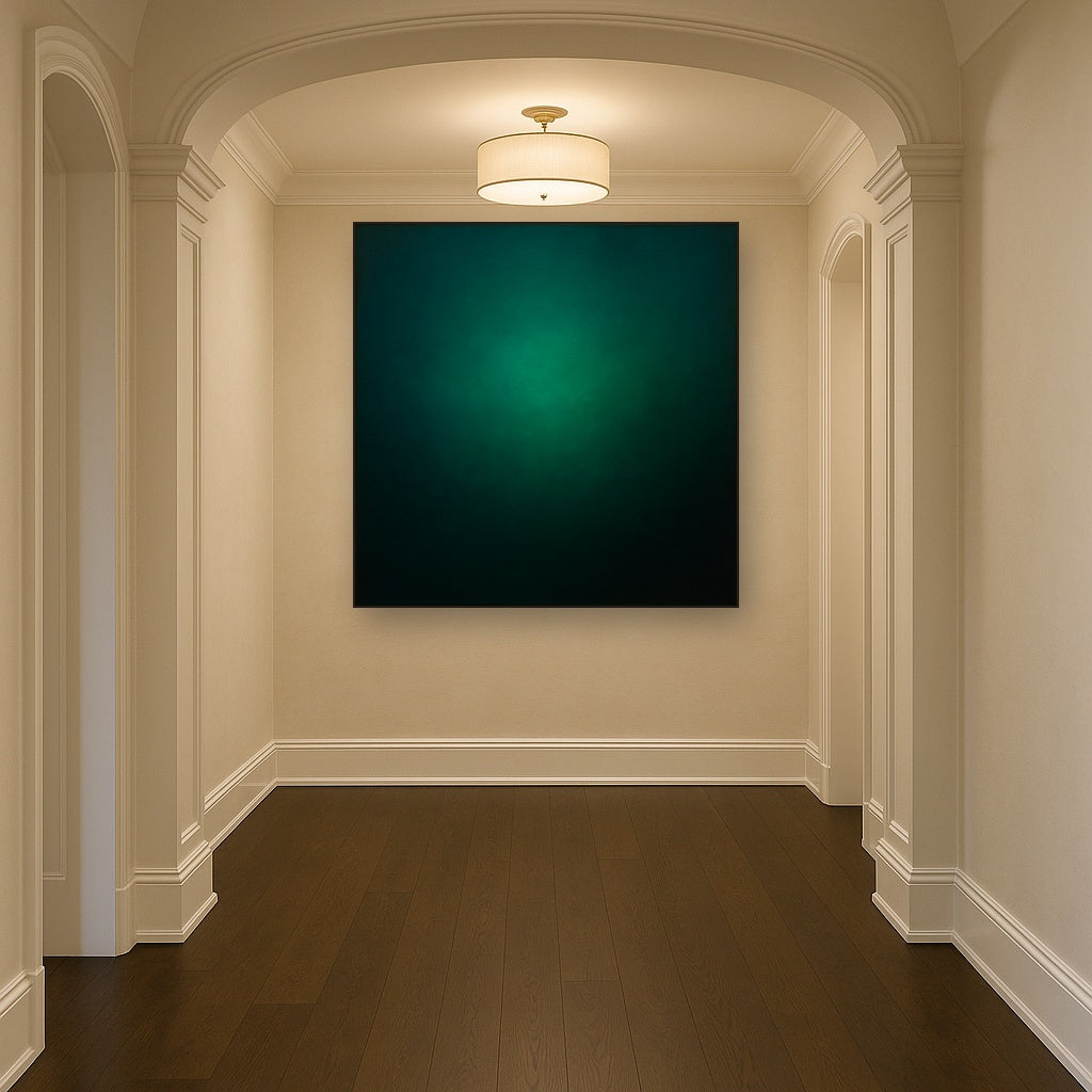 Midnight Teal & Deep Malachite Gradient No. 16 Oil Painting Staged in Bright Entryway and Hallway Gallery Wall, Hand Painted Fine Art on Linen