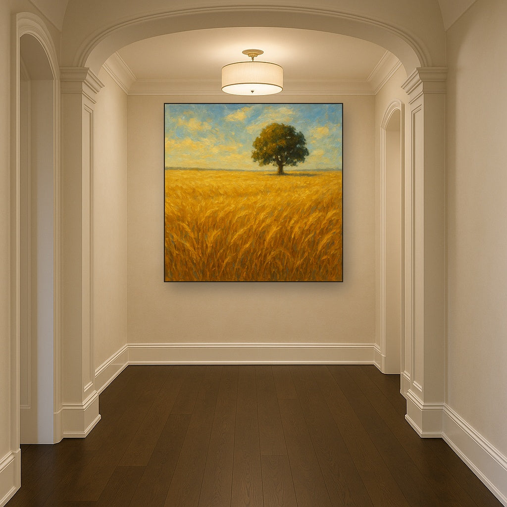 Sun-Drenched Wheat Field & Solitary Tree No. 2 Oil Painting - Styled in Entryway Hallway