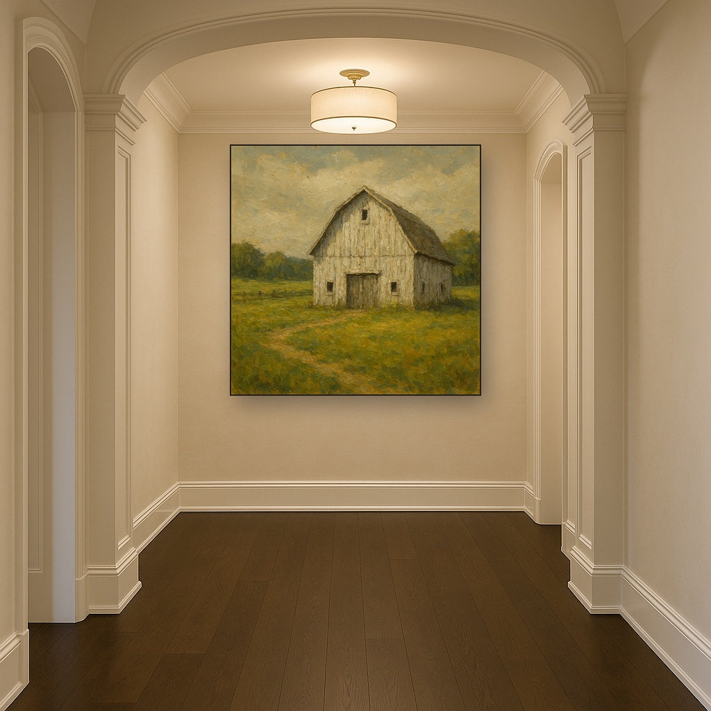 Weathered White Barn & Pasture No. 3 Oil Painting - Styled in Entryway Hallway
