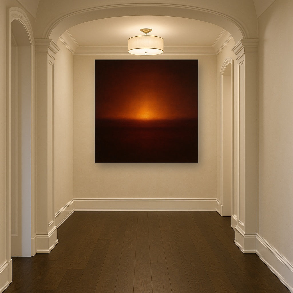 Deep Garnet & Amber Candlelight Horizon No. 5 Oil Painting Staged in Bright Entryway and Hallway Gallery Wall, Hand Painted Fine Art on Linen
