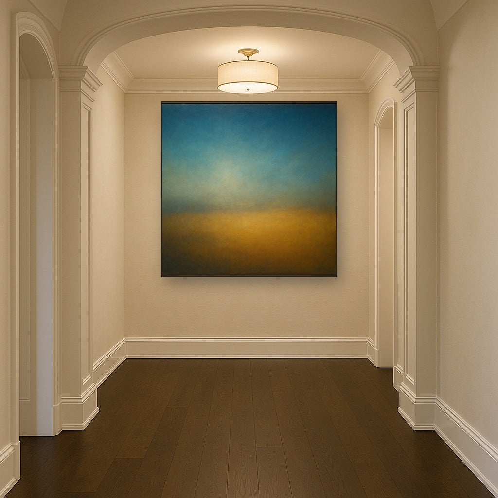 Celestial Azure & Warm Ochre Equilibrium No. 2 Oil Painting Staged in Bright Entryway and Hallway Gallery Wall, Hand Painted Fine Art on Linen