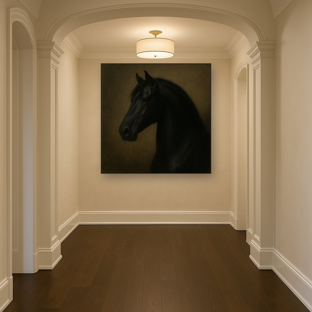 Dark Stallion Portrait in Classical Sfumato No. 17 Oil Painting Staged in Bright Entryway and Hallway Gallery Wall, Hand Painted Fine Art on Linen