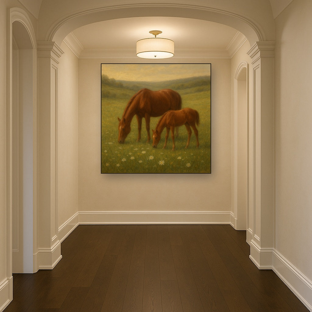 Mares & Foals Grazing in Rolling Meadow No. 17 Oil Painting Staged Above Master Bed in Bedroom, Calming Neutral Hand Painted Oil Art