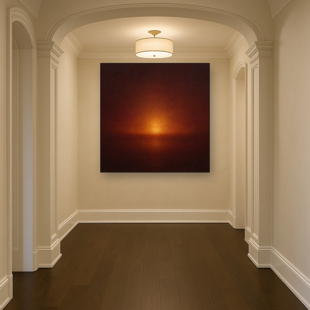 Deep Garnet & Amber Candlelight Horizon No. 9 Oil Painting Staged in Bright Entryway and Hallway Gallery Wall, Hand Painted Fine Art on Linen