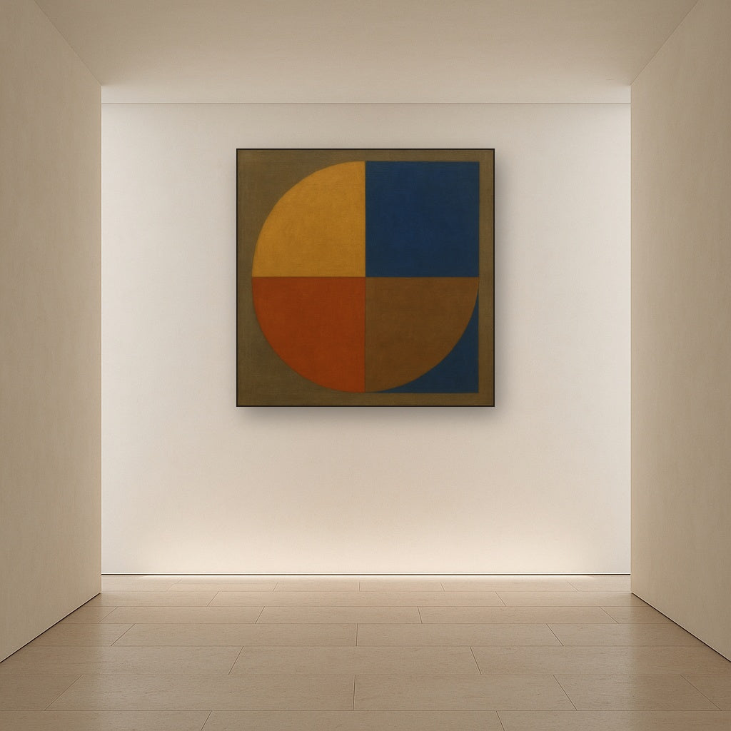 Bauhaus Quadrant Harmony in Primary Earth Tones No. 22 Oil Painting Staged in Bright Entryway and Hallway Gallery Wall, Hand Painted Fine Art on Linen