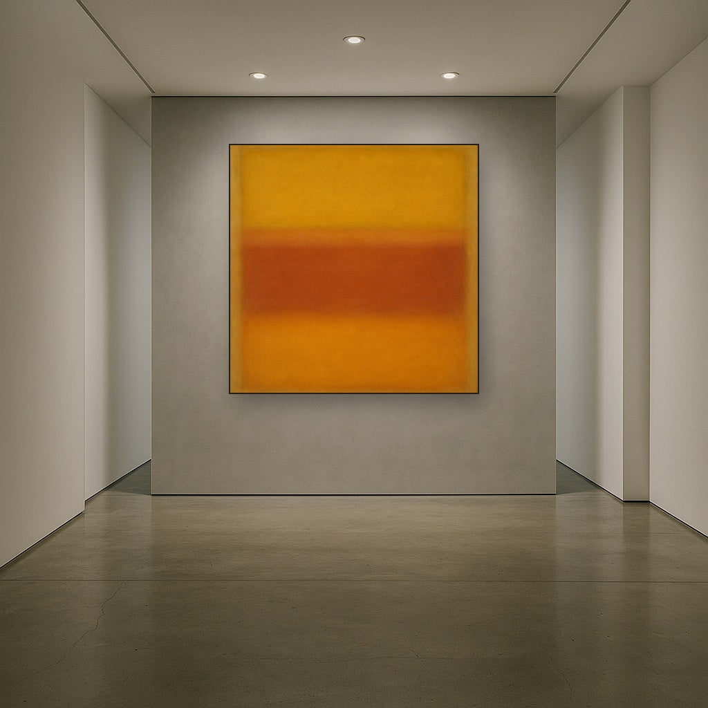 Luminous Ochre & Terracotta Horizon Color Field No. 10 Oil Painting Staged in Bright Entryway and Hallway Gallery Wall, Hand Painted Fine Art on Linen
