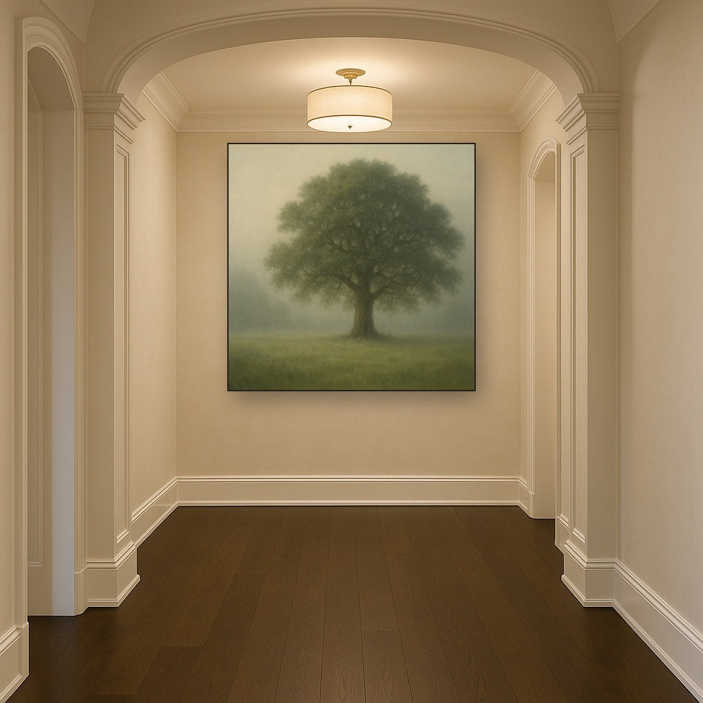 Ancient Solitary Oak in Morning Fog No. 8 Oil Painting - View 5