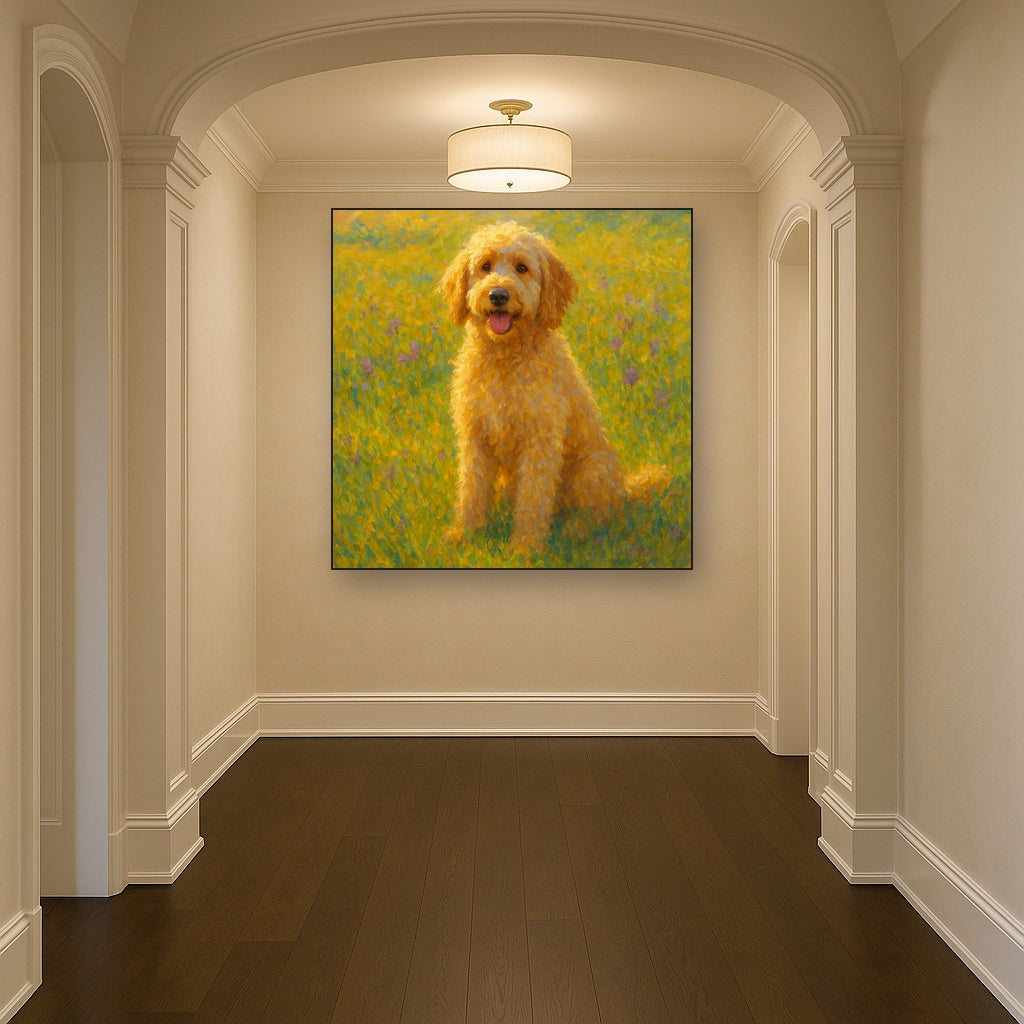 Fluffy Goldendoodle in Sun-Drenched Meadow Fine Art Oil Painting - View 5