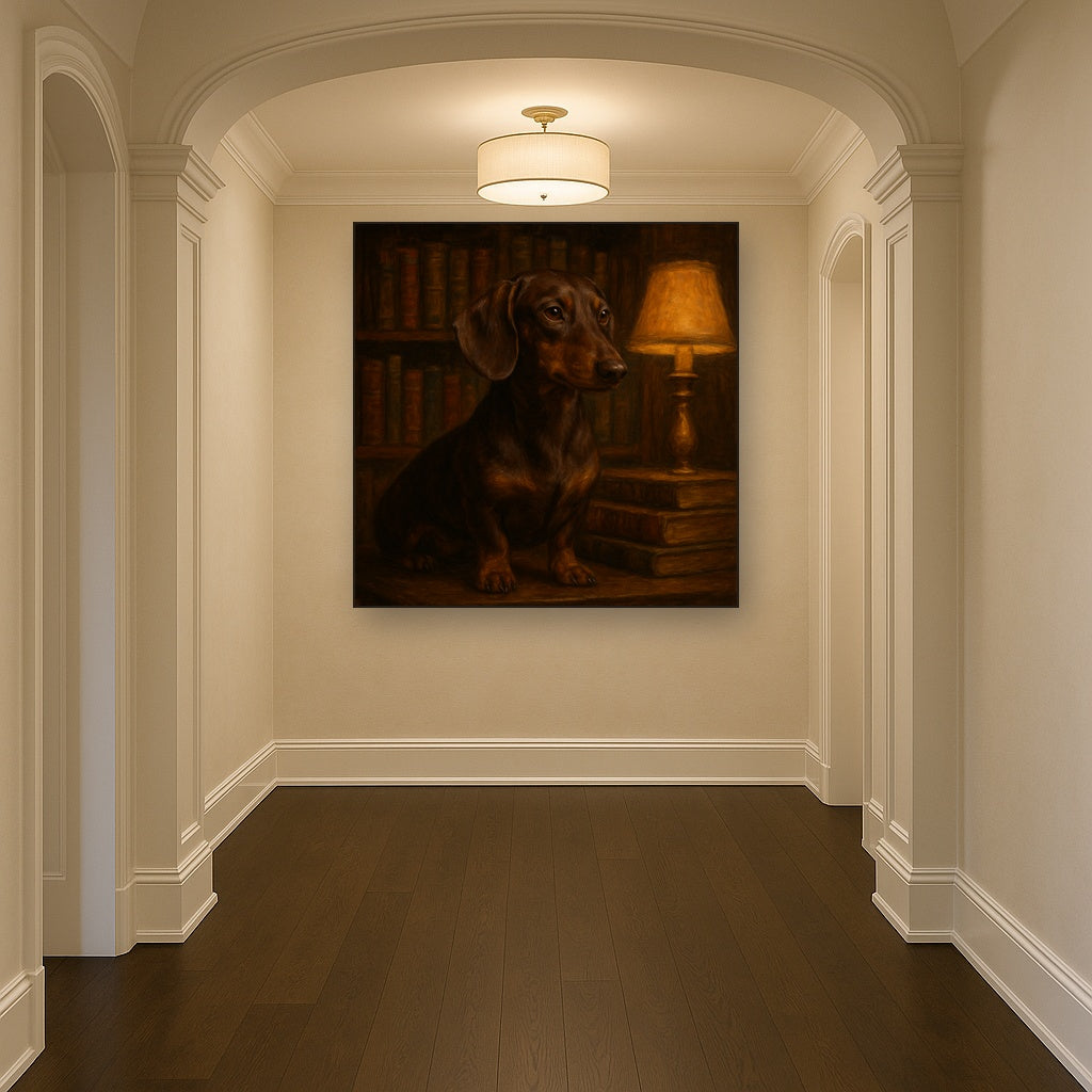 Smooth Dachshund in Moody Library Study No. 13 Fine Art Oil Painting - View 5