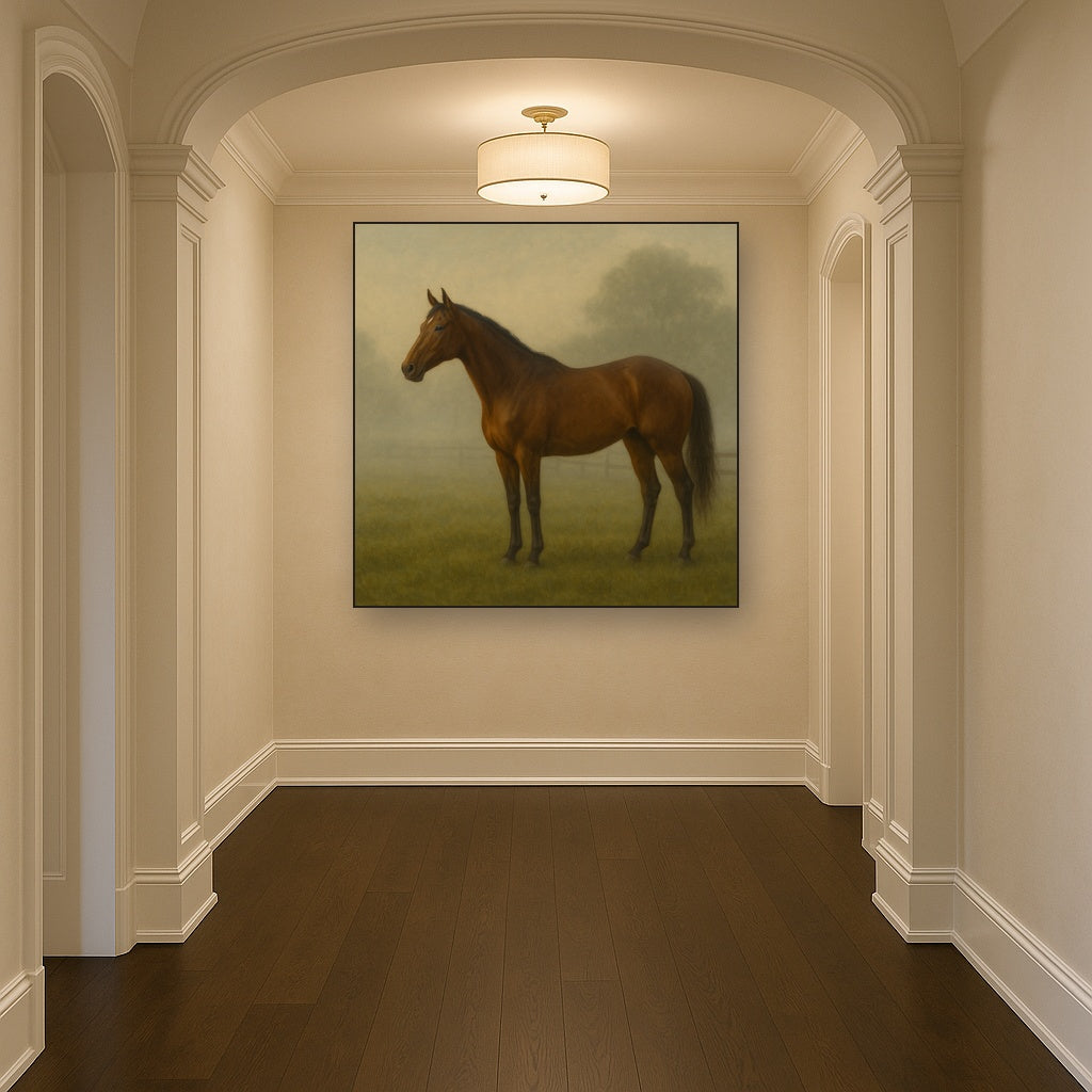 Thoroughbred in Morning Pasture Mist No. 3 Oil Painting - View 5