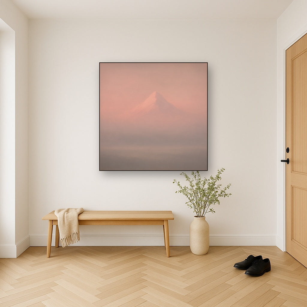 Pale Alpenglow over Distant Glacial Peak No. 16 Oil Painting Staged in Bright Entryway and Hallway Gallery Wall, Hand Painted Fine Art on Linen