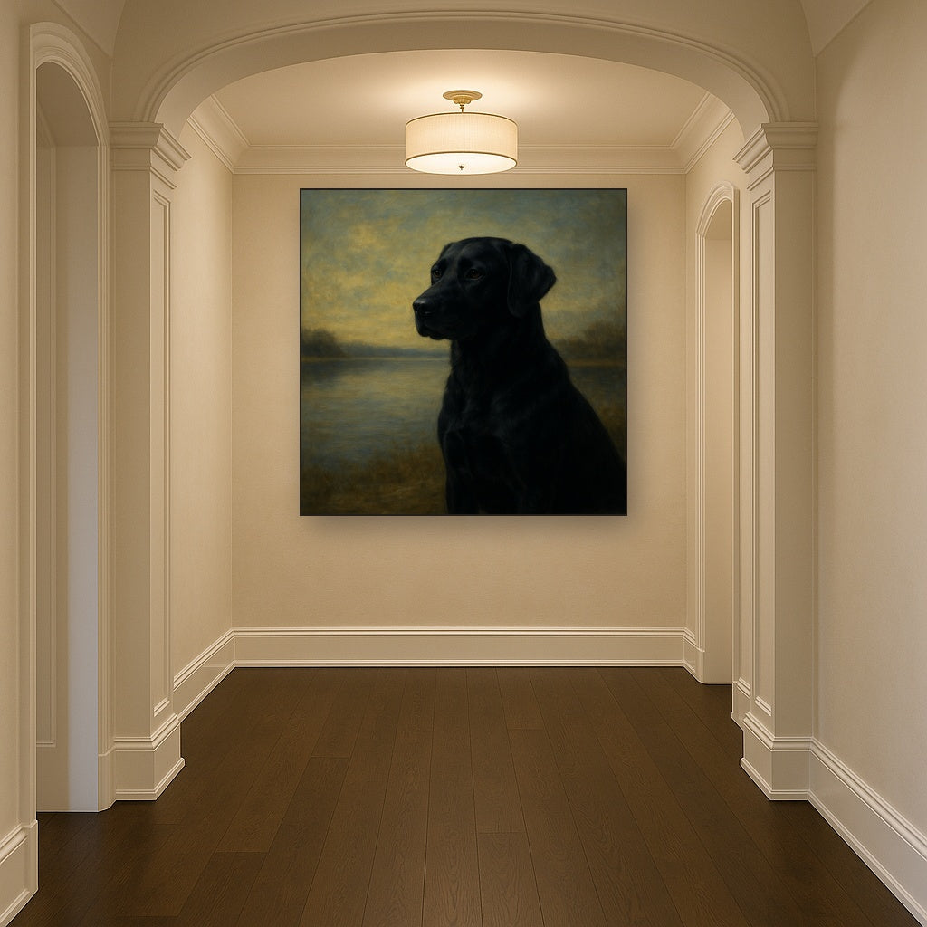 Black Labrador Retriever by Misty Lake Horizon No. 2 Fine Art Oil Painting - View 5
