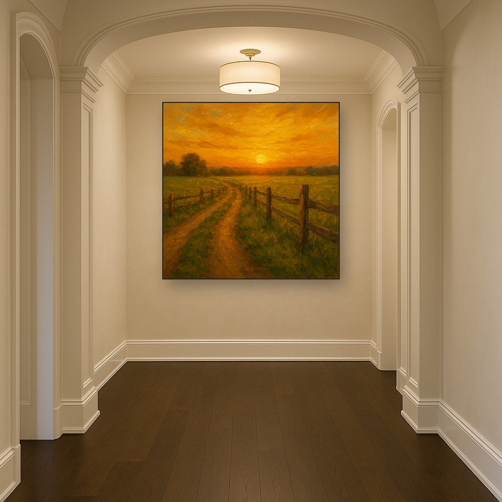 Golden Hour Country Lane & Fence No. 3 Oil Painting - Styled in Entryway Hallway