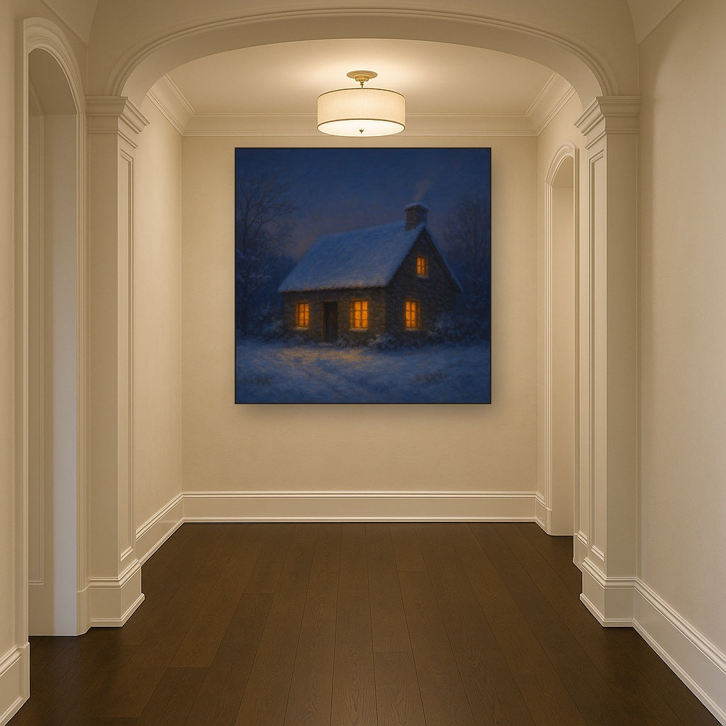 Snow-Dusted Stone Cottage at Twilight No. 4 Oil Painting - View 5