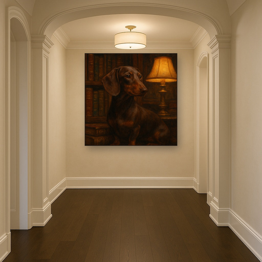 Smooth Dachshund in Moody Library Study No. 6 Fine Art Oil Painting - View 5