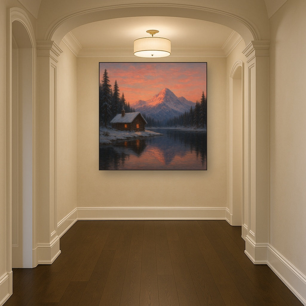 Winter Solstice Mountain Cabin Reflection No. 2 Oil Painting - View 5